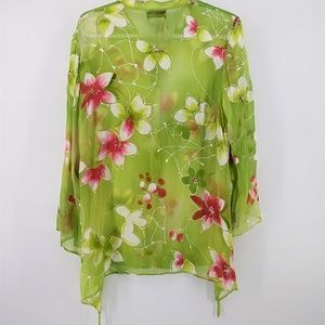 🌺Sheer Tropical Button Down Silk Blouse w/Beads